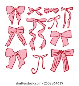 Coquette pastellrosa hübsch charmant Vektor Clipart Illustration Bundle, niedliche Doodle Haar Accessoires Dekor Set, Boho flach Mädchen Bogen Accessoire. Band einzeln handgezeichnet Kunst. Trendige mädchenhafte Fantasie