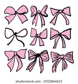 Coquette pastellrosa hübsch charmant Vektor Clipart Illustration Bundle, niedliche Doodle Haar Accessoires Dekor Set, Boho flach Mädchen Bogen Accessoire. Band einzeln handgezeichnet Kunst. Trendige mädchenhafte Fantasie