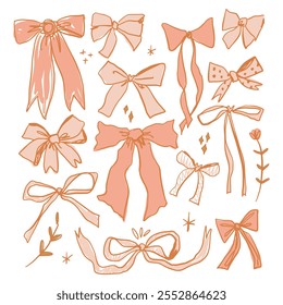 Coquette pastellrosa hübsch charmant Vektor Clipart Illustration Bundle, niedliche Doodle Haar Accessoires Dekor Set, Boho flach Mädchen Bogen Accessoire. Band einzeln handgezeichnet Kunst. Trendige mädchenhafte Fantasie