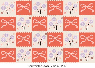 Coquette pastel seamless pattern design with bow and flowers illustration. Soft cute girly repeat motif vector.