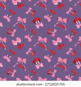 Un patrón coqueta con cerezas y lazos. Diseño para la tela, textiles, Fondo de pantalla, embalaje
