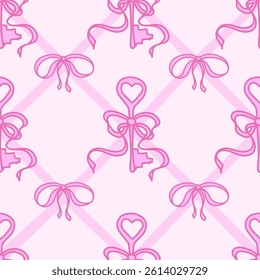 Coquette Pattern Pink Ribbon Bow and Antique Key. Girly keys with bows on pink background with cross ribbons. Trendy feminine romantic template for wedding, fabric, wrapping. Vector Illustration.