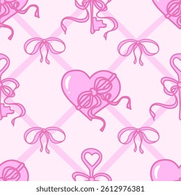 Coquette Pattern Ribbon Bow, Antique Key and Heart. Girly Keys, Hearts with bows on pink background with cross ribbons. Feminine romantic template for wedding, fabric, wrapping. Vector Illustration.