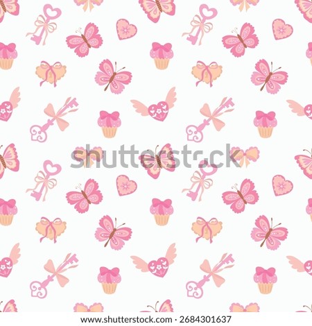 Coquette pattern. Seamless pattern with butterflies, keys, cupcakes, and hearts. Endless textures for your design.