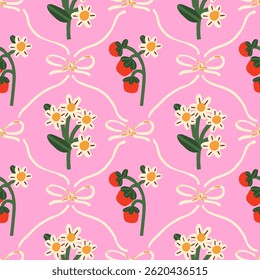 Coquette padrão de flores brancas e morangos em um fundo rosa. Fundo preppy para papel de parede ou papel de embrulho.