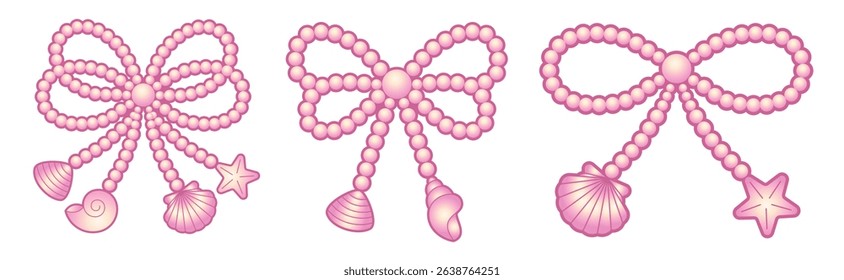 Coquette pearl bead bows set. Pink beads ribbons with shells