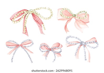 Coquette Pearl Bow Watercolor Ilustração