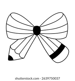 Coquette pencil bow clipart, Black and white teacher pencil doodle, Back to school hand drawn vector illustration in flat style