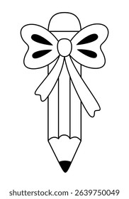 Coquette pencil bow clipart, Black and white teacher pencil doodle, Back to school hand drawn vector illustration in flat style
