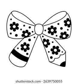 Coquette pencil bow clipart, Black and white teacher pencil doodle, Back to school hand drawn vector illustration in flat style