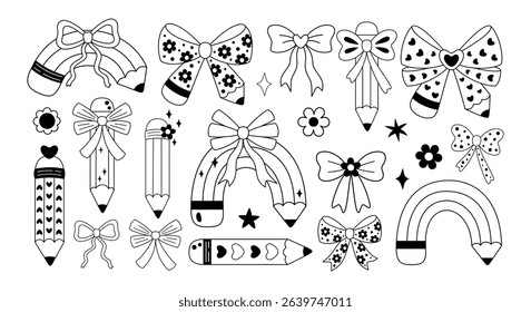 Coquette pencil bow clipart set, Black and white teacher pencil doodle, Back to school hand drawn vector illustration in flat style