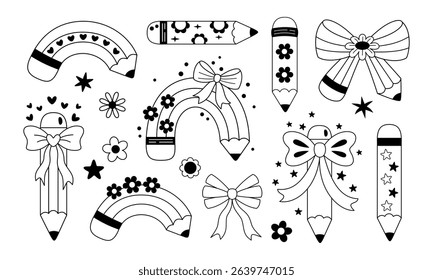 Coquette pencil bow clipart set, Black and white teacher pencil doodle, Back to school hand drawn vector illustration in flat style