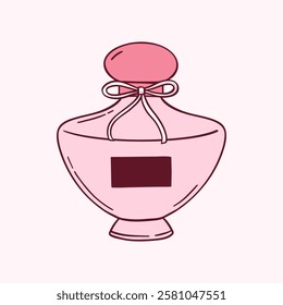 Coquette Perfume com mão arco desenhado clipart rosa. Vetor vintage doodle fragrância. Ilustração feminina rococó