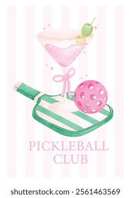 Coquette Pickleball e Martini Preppy Aesthetic Pastel Watercolor Art em verde e rosa