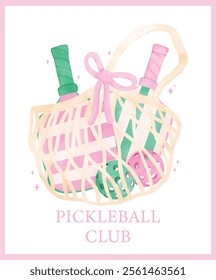 Coquette Pickleball with paddles in bag Preppy Aesthetic Pastel Watercolor Art in Green and Pink