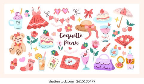 Coquette Picnic flat vector set of cute girly summer items: teddy bear, desserts, makeup, dress, accessories, romantic picnic, pink aesthetic.