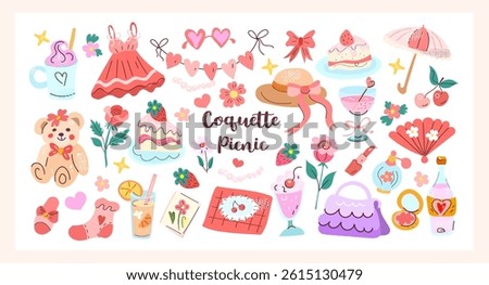 Coquette Picnic flat vector set of cute girly summer items: teddy bear, desserts, makeup, dress, accessories, romantic picnic, pink aesthetic.