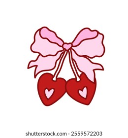 Coquette pink bow with cherry berry heart shaped. Elegant gift bow. Beautiful holiday decorative element, festive present decor. Vintage hand drawn clipart