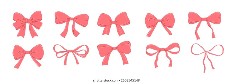 Coquette pink bow drawings set, vector flat illustration isolated on white, cute red ribbon