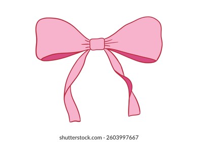 Coquette pink bow flat drawing, vector outline illustration isolated on white, cute red ribbon