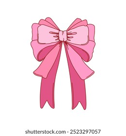 Nó de arco rosa coquette, fita de presente. Acessório de trançada de cabelo moderno. Bow knots para embrulhar presente, decoração de festa, presente. Ilustração vetorial.