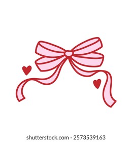 COquette pink bow of ribbon with red cute hearts. Beautiful holiday decorative element, festive gift decor. Vector clip art