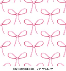 Coquette pink bow ribbon seamless pattern, elegant cute fabric print wallpaper on light background.