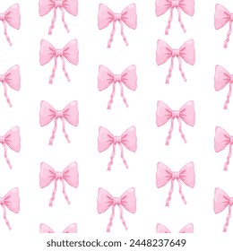 Coquette pink bow ribbon seamless pattern, elegant cute fabric print wallpaper on light background.