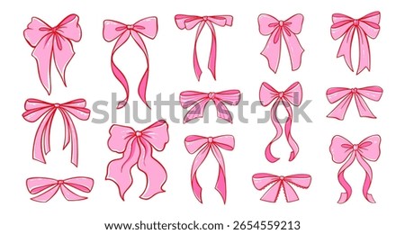 Coquette pink bow ribbon vector set. Cute vintage flirtatious bows with lace details. Romantic Y2K doodle for Valentine s, weddings or girly designs.