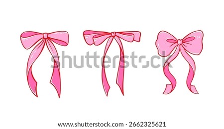 Coquette pink bow ribbon vector - cute vintage gift box with lace details. Romantic Y2K doodle for Valentine s, weddings, or girly designs. Flat bows in feminine aesthetic.