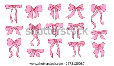 Coquette pink bow ribbon vector - cute vintage gift box with lace details. Romantic Y2K doodle for Valentine s, weddings, or girly designs. Flat bows in feminine aesthetic.