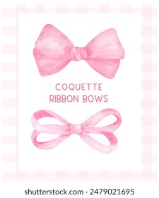 Coquette pink bows Preppy Aesthetic Vintage watercolor illustration set