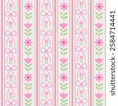 Coquette pink bows with retro flowers in vertical stripes seamless pattern in grand millennial style. For kids nursery room, wallpaper and fabric 