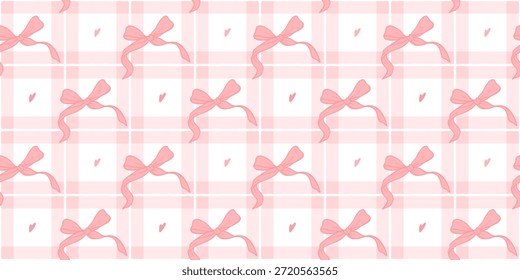 Patrón sin costuras a cuadros de color rosa coqueta con lazo y cinta lindos. Papel de regalo para cumpleaños, San Valentín y días festivos. Estampado dibujado a mano para textil. Fondo de pantalla de Ilustración vectorial