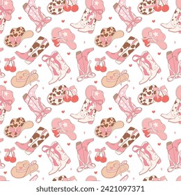 Coquette Pink cowgirl Boots and hat pattern seamless, Girly Western Digital Paper isolated on white background.