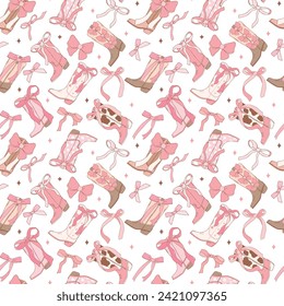 Coquette Pink cowgirl Boots pattern seamless, Girly Western Digital Paper isolated on white background.