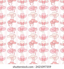 Coquette Pink cowgirl hat pattern seamless, Preppy Girly Western Digital Paper isolated on white background.