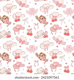 Coquette Pink cowgirl hat pattern seamless, Girly Western Digital Paper isolated on white background.