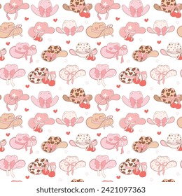 Coquette Pink cowgirl hat pattern seamless, Girly Western Digital Paper isolated on white background.