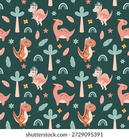 Patrón sin fisuras de dinosaurios de color rosa coqueta. Linda chica dino y plantas tropicales, fondo animal prehistórico, ilustración de repetición de personaje jurásico.