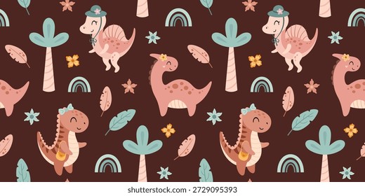 Padrão sem costura de dinossauros rosa coquete. Menina de dino bonito e plantas tropicais, fundo animal pré-histórico, ilustração de repetição de personagem jurássico.
