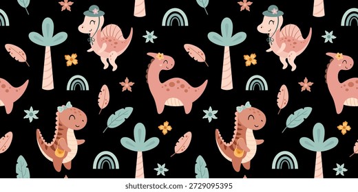 Patrón sin fisuras de dinosaurios de color rosa coqueta. Linda chica dino y plantas tropicales, fondo animal prehistórico, ilustración de repetición de personaje jurásico.