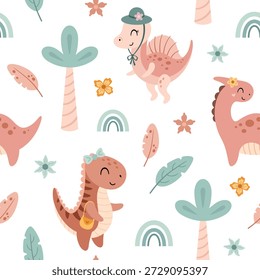 Patrón sin fisuras de dinosaurios de color rosa coqueta. Linda chica dino y plantas tropicales, fondo animal prehistórico, ilustración de repetición de personaje jurásico.