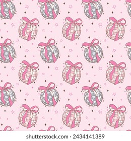 Coquette Pink Disco Ball Doodle Seamless Pattern Groovy Retro Vibes