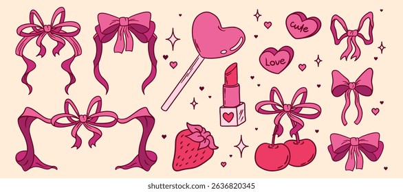 Coquette conjunto de doodle rosa - adesivos femininos bonitos e coleção de patches. Armações de fita desenhadas à mão e doces de coração, batom e arcos, morango e cereja ilustrações. Acessórios femininos para desenhos animados.