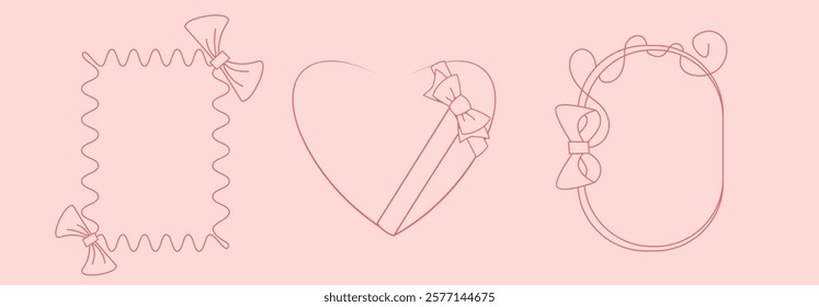 Coquette pink frames with decorative ribbon bows. Elegant contour border set - wavy rectangle, romantic heart shape, curved oval outline. Delicate line art design elements with ornamental bowknot.