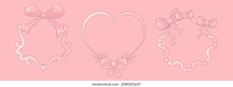 Coquette pink frames with decorative ribbon bows. Elegant contour border set - wavy round, romantic heart shape, curved oval outline. Delicate line art design elements with ornamental bowknot.