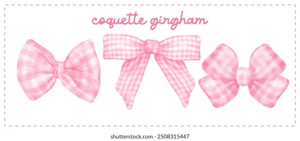 Coquette pink Gingham bow set vintage feminine Aesthetic watercolor banner