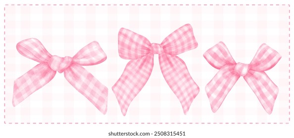 Coquette pink Gingham bow vintage feminine Aesthetic watercolor banner