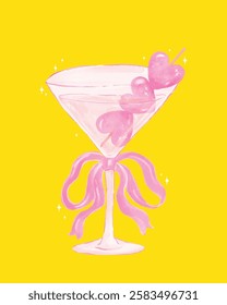 Coquette Pink Martini Glass with Pink Roibbon Bow and Heart Olives Watercolor